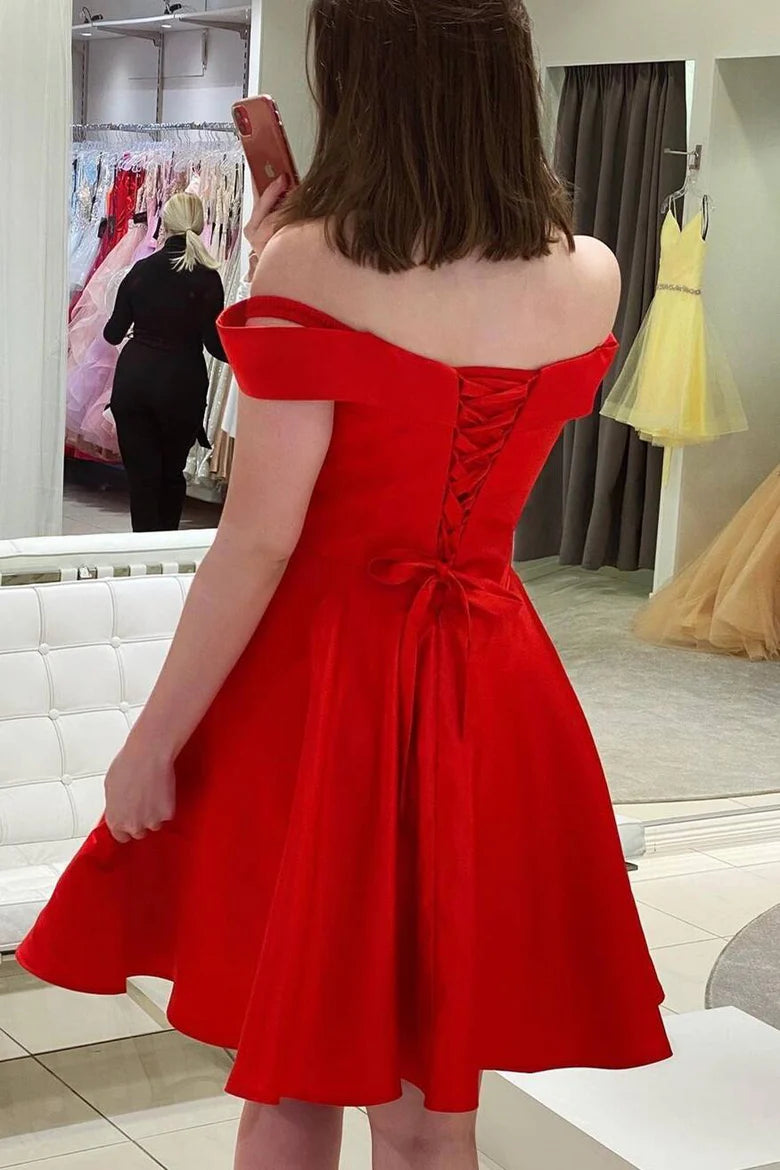 Vestido de fiesta de satén con hombros descubiertos para regreso a casa